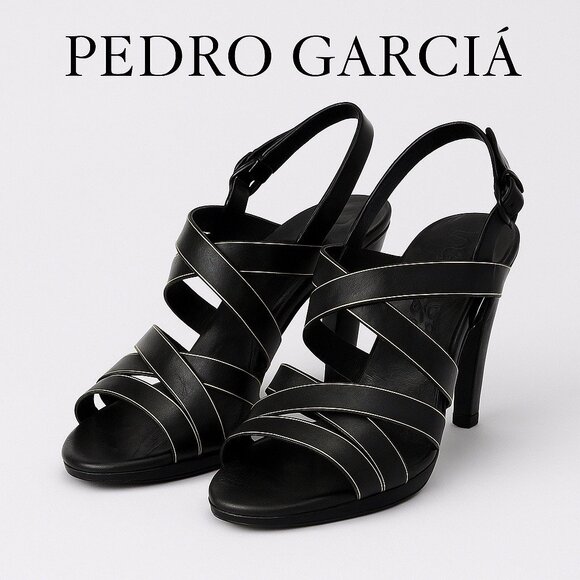 Pedro Garcia Strappy Black Leather Sandals Size 7 Spain Designer Minimalist - Picture 1 of 9